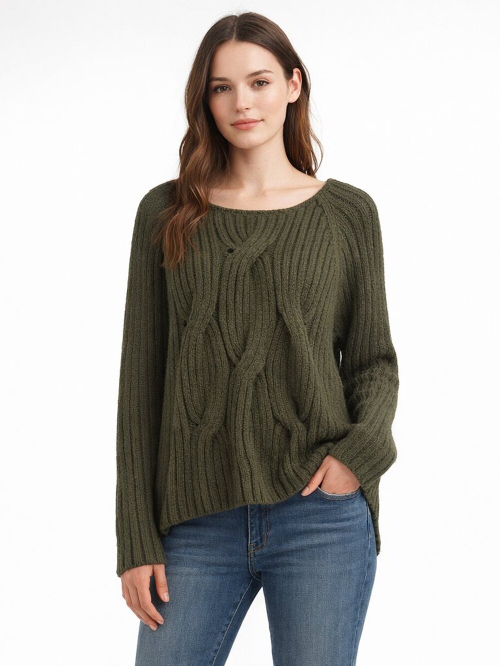 KF/KaufmanFranco Collective Olive Cable Knit Sweater Size Large High Low Wool